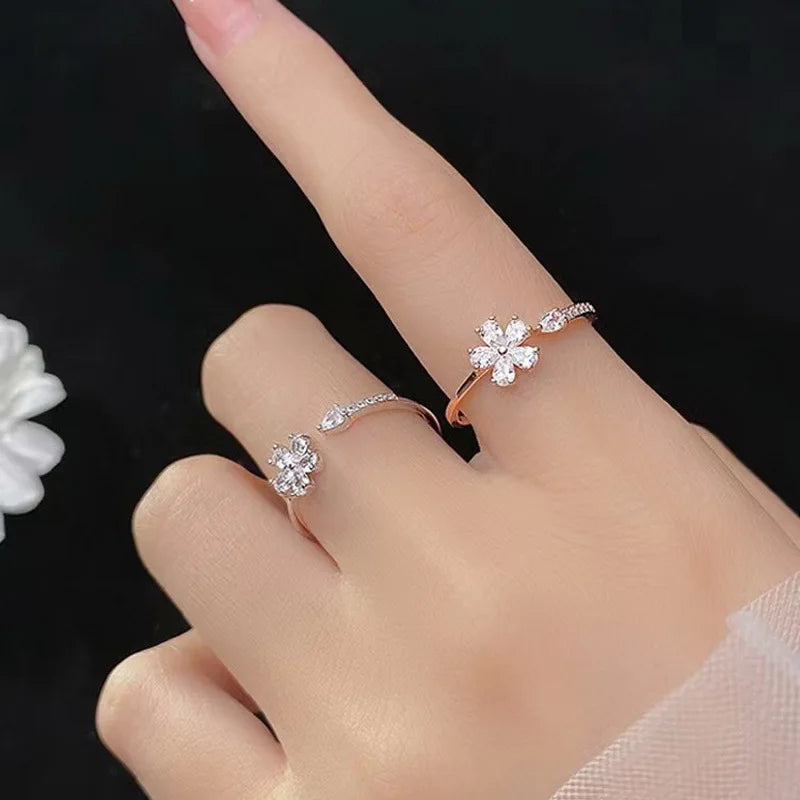 Anelli di apertura del fiore di zircone di lusso per le donne Cubic Zirconia Rosa Fiore di ciliegio Tulipano Anello da dito regolabile Gioielli da sposa