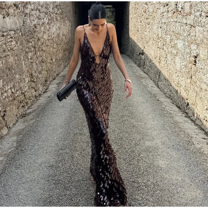 Abito lungo da donna con paillettes Abito lungo con scollo a V Solido Backless Vita alta Abiti senza maniche 2025 Moda Nuova estate Lady Party Robes