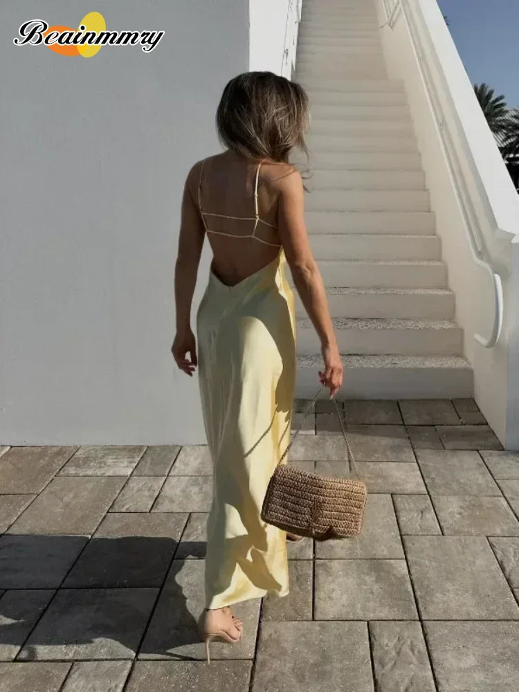 Elegante canotta tinta unita abito lungo slim fit donna moda splicing abiti stringati pieghettati gonna da spiaggia chic per le vacanze da donna