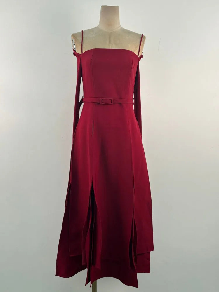 QMQA Abiti eleganti da donna alla moda con spalle scoperte Manica lunga Split Orlo asimmetrico Abito sottile a vita media bassa Nuovo 1A200