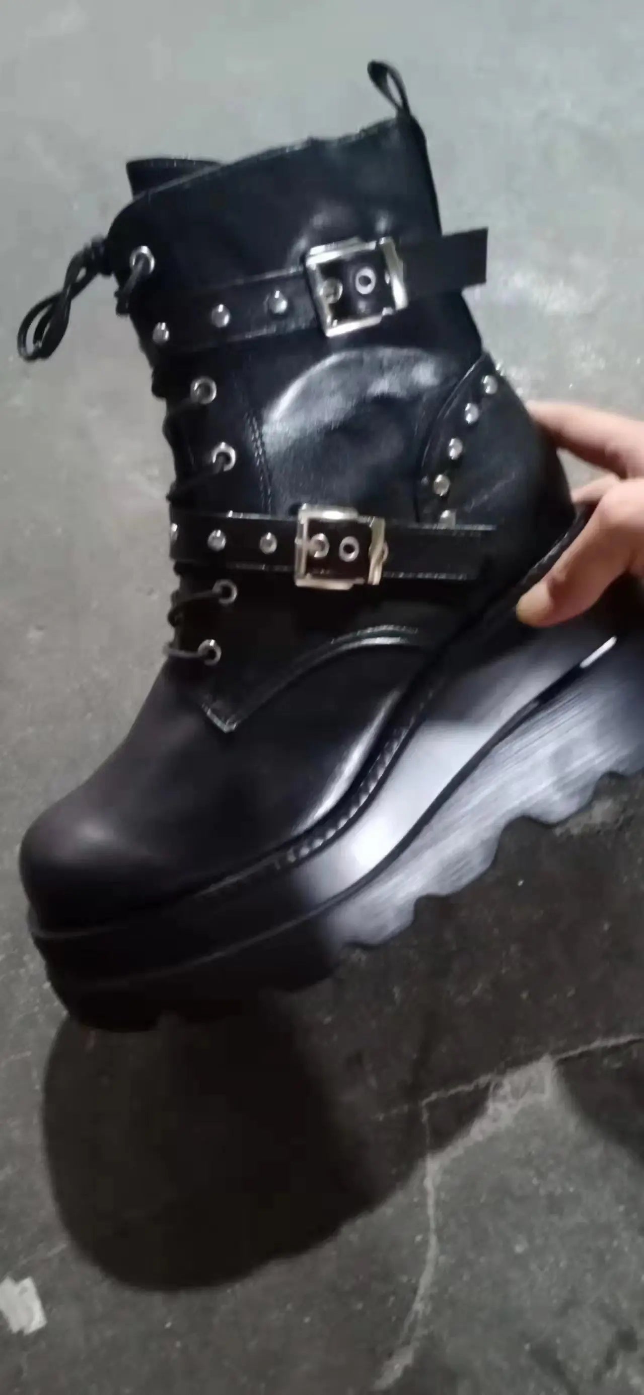 2025 Ankle Boots Platform Wedge Super High Heel Gothic Metal Heart Female Pumps Autumn Ladies Belt Round Toe Lolita Punk Shoe