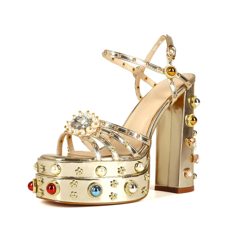 Neue Damen Sommer Plateau Sandalen wasserdicht dicker Boden Wasser Diamant Perle Niete Blume Satin offene Spitze High Heels groß