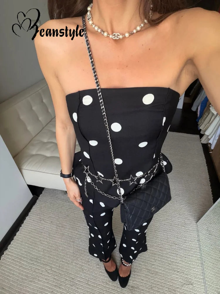Elegante Tuta Intera da Donna a Pois Senza Maniche con Vita Stretta e Schiena Scoperta, Top a Tubino, Pagliaccetto Lungo da Donna, Moda Estiva 2026