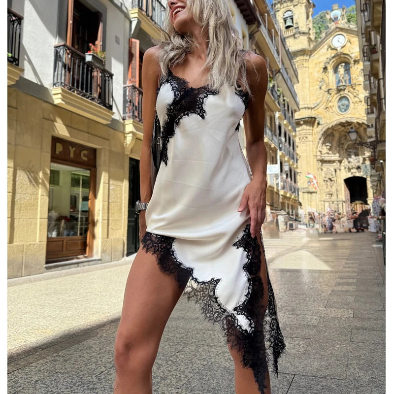MUJER Abito sottoveste in pizzo nero Abiti corti da festa in raso da donna per le donne Abiti da donna sexy senza schienale Mini abito da notte asimmetrico