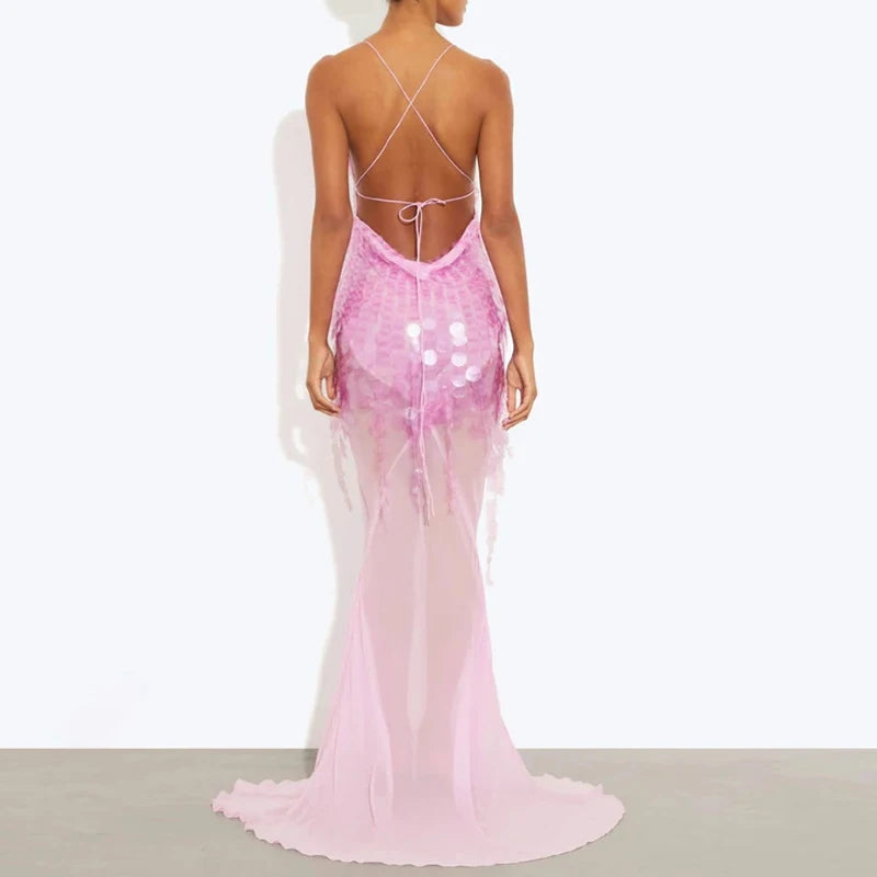 Abito da sera sexy a vita alta senza maniche vuoto 2025 Abiti casual con bretelle con spalle scoperte Abito da donna a sirena sottile con paillettes a V profondo