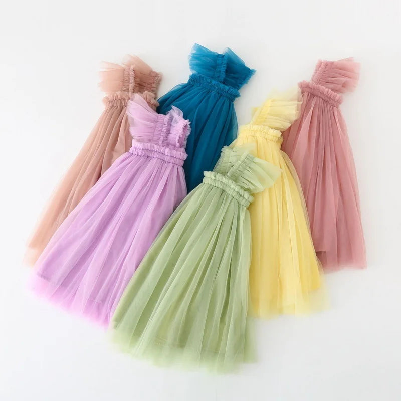 Nuova estate bambini ragazza vestito fionda senza maniche colletto quadrato tinta unita maglia principessa abiti da spiaggia bambino abbigliamento casual E2200