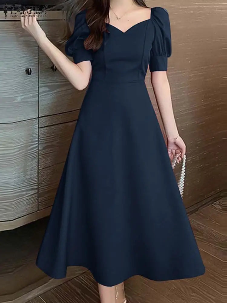 ZANZEA Vita elegante Abiti da festa Abito da sera vintage Donna Puff Manica corta A-line Robe 2024 Abiti da sposa estivi Midi