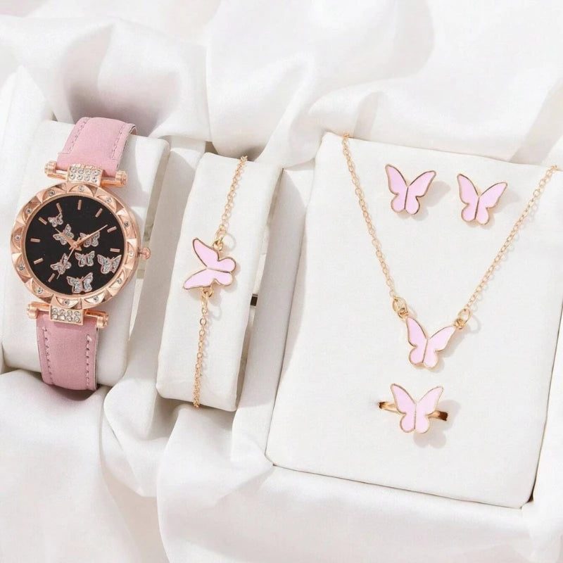 Set di gioielli a farfalla (senza scatola) orologi da donna anelli per orologi in pelle da donna collana orecchini bracciale regalo di nozze