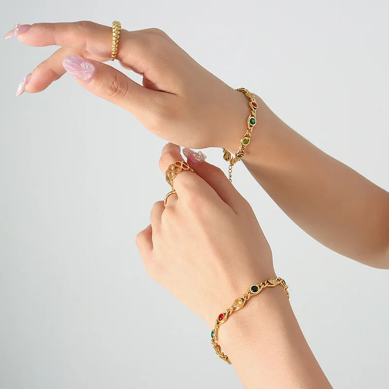 Ensemble collier bracelet zircon coloré pour femmes, chaîne inaltérable tendance, bijoux de créateur, accessoires plaqués or en cuivre 2024