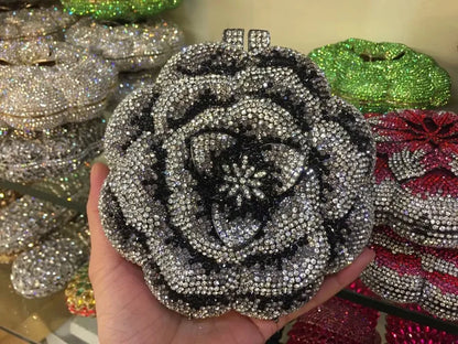 Pochette da sera con strass rosa/verde con fiore rosa Borse da sera da donna in cristallo giallo floreale Pochette da sposa per festa di nozze