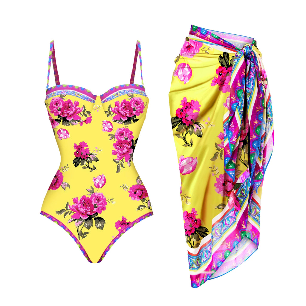 Push Up One Piece Swimsuit With Cover Up Sexy Swimwear Women 2025 Printed Swim Suits Female Bikinis Sliming Bodysuit Beachwear