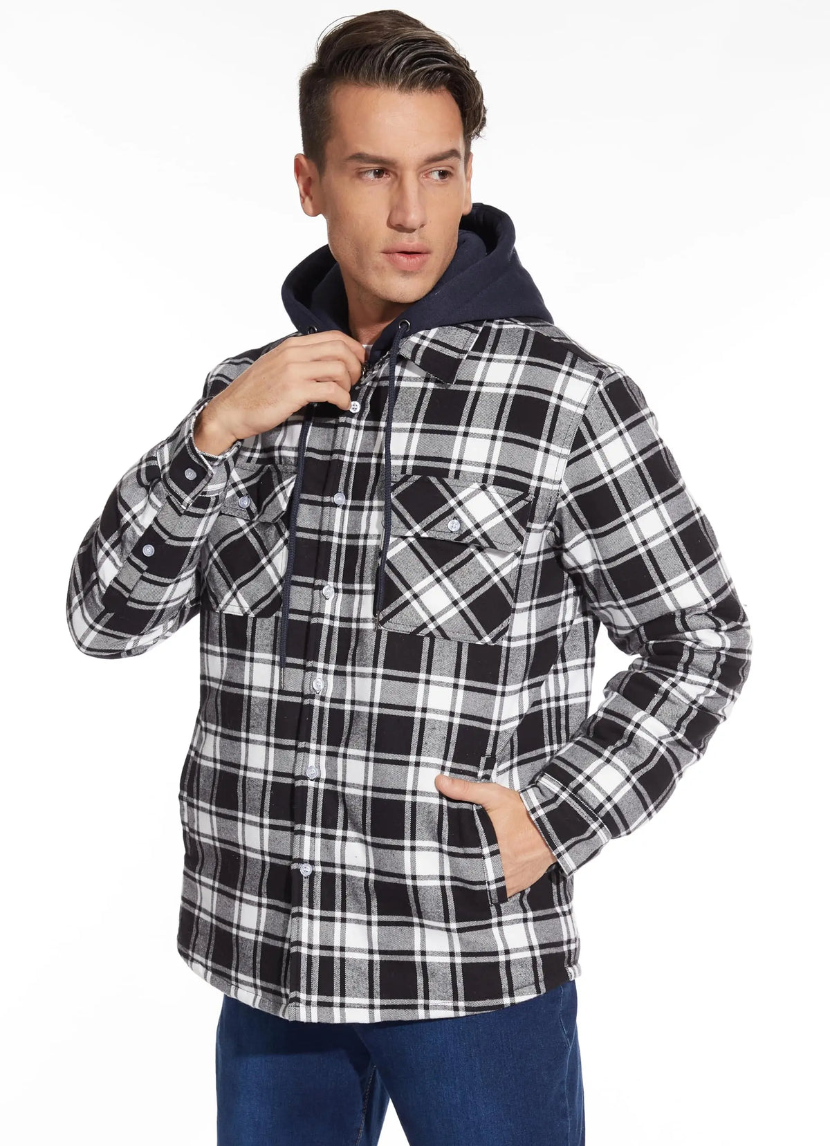 TACVASEN camicia di flanella da uomo giacca con cappuccio rimovibile Plaid trapuntato foderato cappotti invernali felpa con cappuccio spessa Outwear uomo camicie in pile