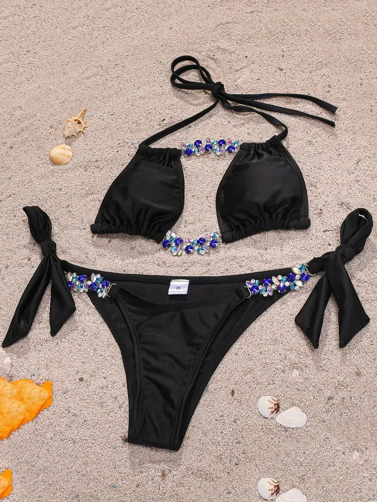 Bikini Leopardato con Strass 2026, Costume da Bagno Donna Scavato, Perizoma Femminile, Set Bikini con Diamanti, Halter