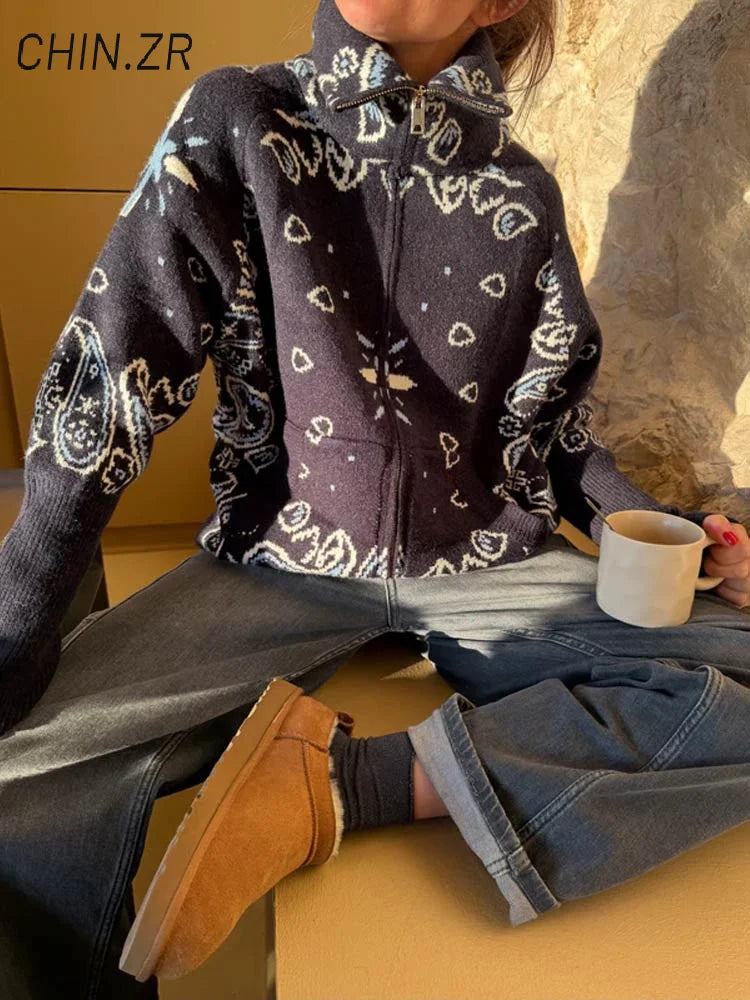 Street Knit Jacquard Colletto alla coreana Cardigan Cerniera Manica intera Maglione grigio femminile 2026 Primavera Lady Fashion Maglieria accogliente Nuovo