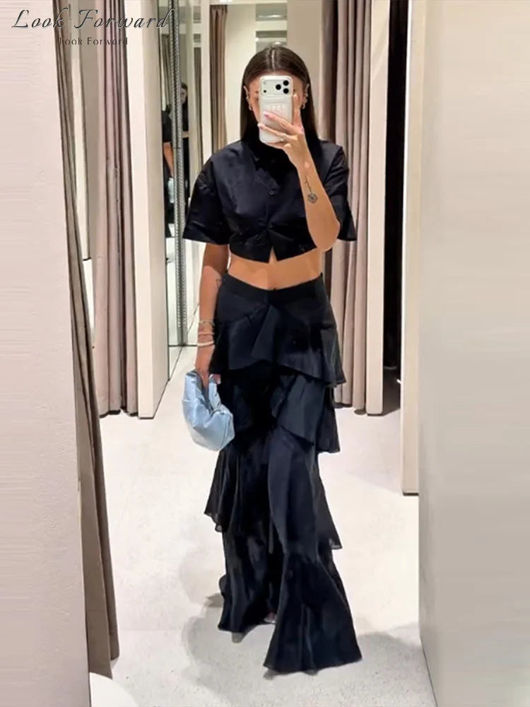 Pantaloni a Balze a Strati Blu Navy alla Moda da Donna, a Vita Alta e Gamba Larga, Lunghi, Nuova Collezione 2026, Casual da Vacanza e Streetwear
