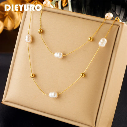 DIEYURO 316L Acciaio Inossidabile Doppio Strato di Perle 2in1 Catene Collana Per Le Donne di Nuovo Modo Delle Ragazze Girocollo Impermeabile Gioielli Regali