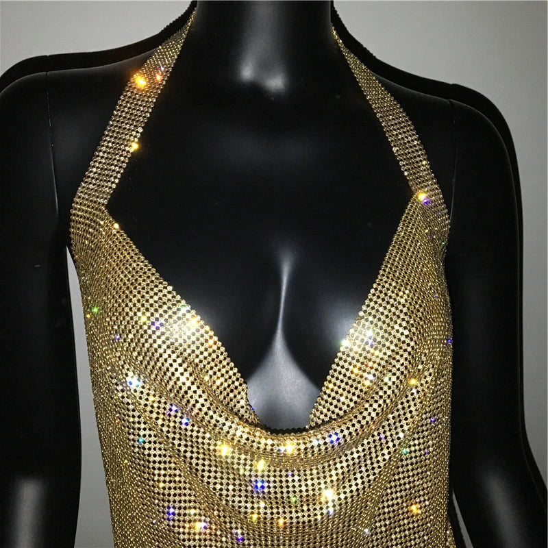 Mini abito sexy con scollo a V senza schienale per le donne Abiti da sera da club per feste con strass lucidi con scollo all'americana e spacco laterale