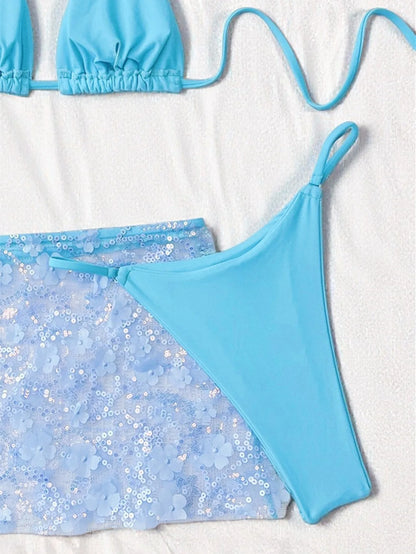 Costume da bagno a 3 pezzi con gonna in rete rosa con paillettes, reggiseno push-up e perizoma, stile brasiliano, per donna, ideale per le vacanze.