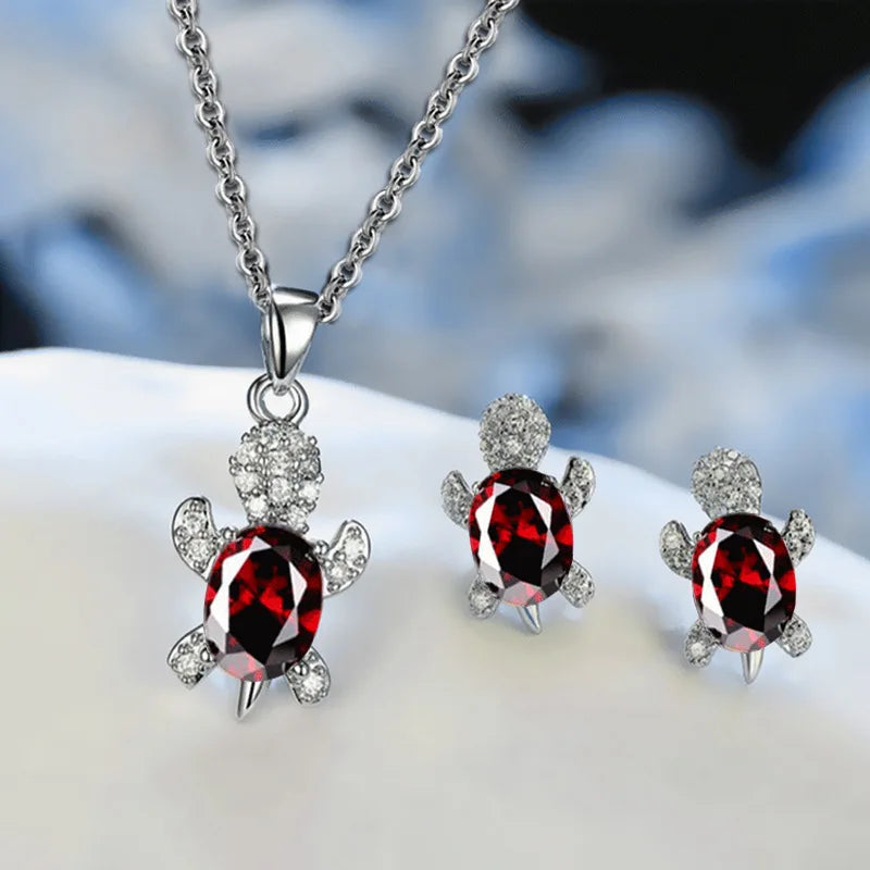 Set di orecchini con collana placcata in argento da 3 pezzi, da donna, leggero, di lusso, in stile moda, a forma di tartaruga con diamante in vetro multicolore