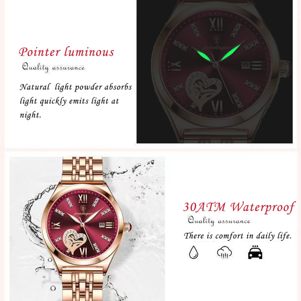 Orologi di lusso POEDAGAR per donna, impermeabili, luminosi, con datario, in acciaio inossidabile, casual, orologio da polso al quarzo da donna.