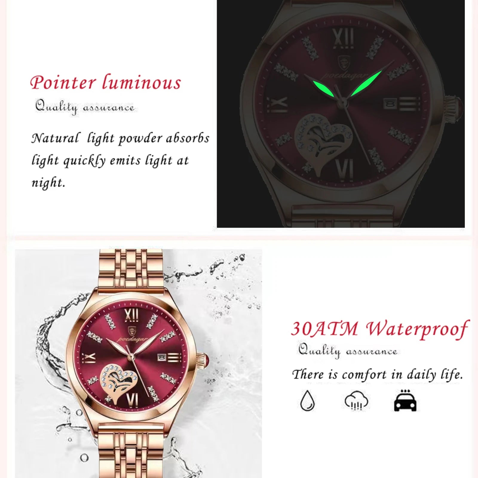 Orologi di lusso POEDAGAR per donna, impermeabili, luminosi, con datario, in acciaio inossidabile, casual, orologio da polso al quarzo da donna.