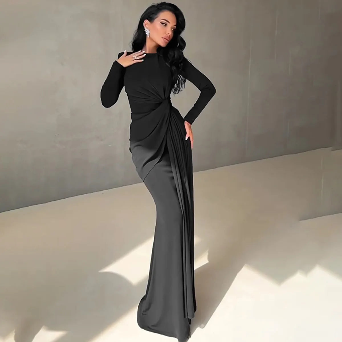 Abito da sera elegante da donna, manica lunga, o-collo, increspato, moda, abiti lunghi, donna, night club, streetwear, outfit autunnale
