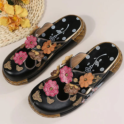 Damen-Sommersandalen mit Blumen im Ethno-Stil, Retro-Plateau-Hausschuhe, handgefertigt, bequem zum Gehen