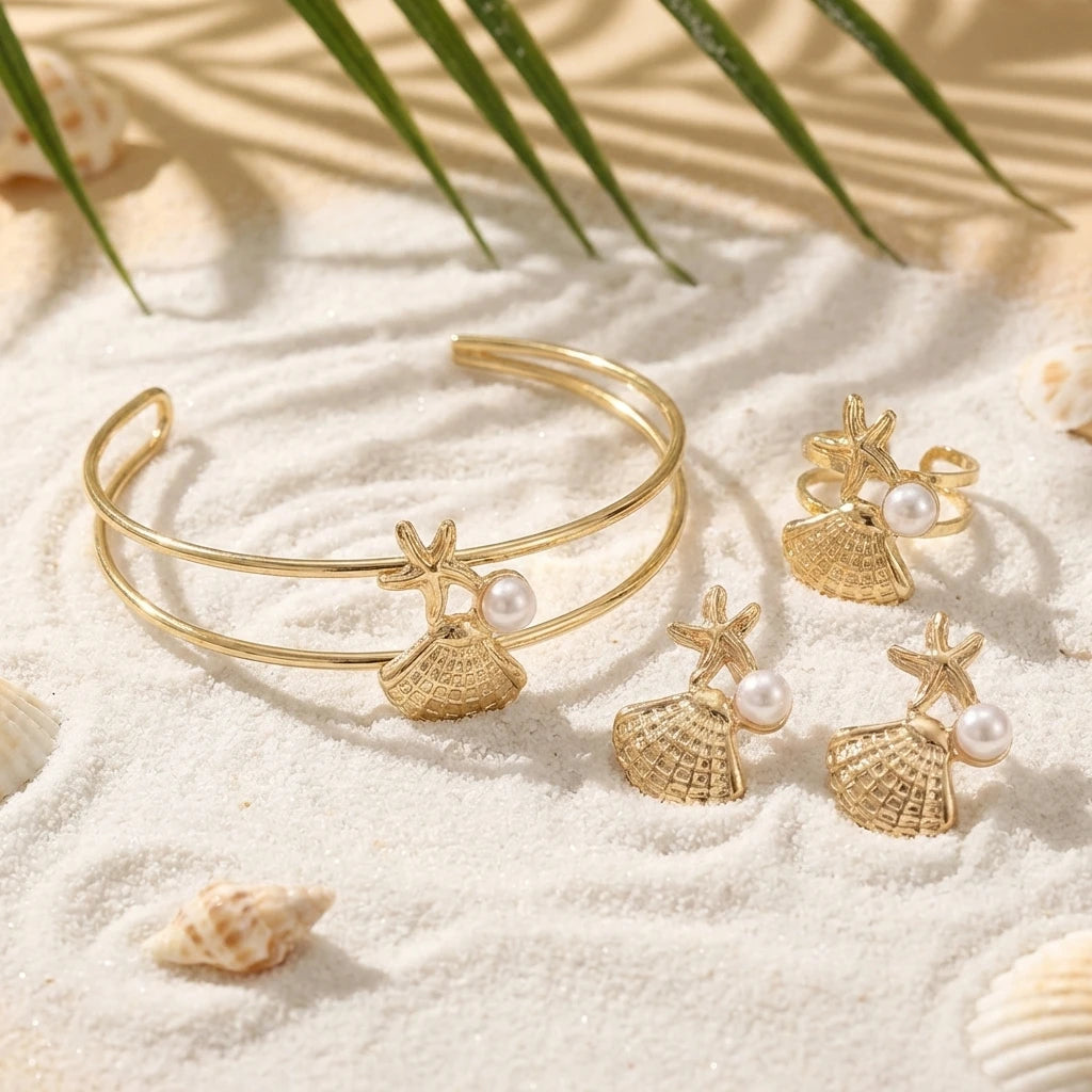 Ensemble de bijoux de plage d'été pour femmes Couleur or Étoile de mer Coquillage Perle Bracelet Bague ajustable Boucles d'oreilles pendantes Cadeau de vacances bohème