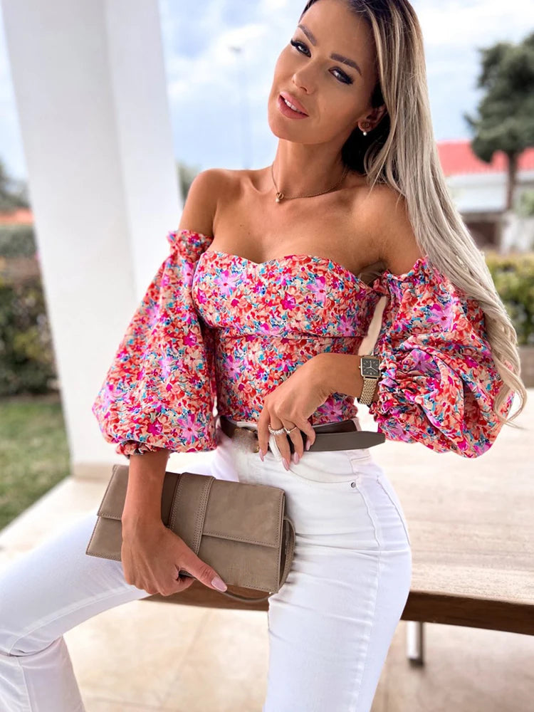 Boho Sexy Women Top Summer Off Shoulder Floral Blouses Women Casual Backless Blouse Female Holiday Slash Neck Tops Clothing