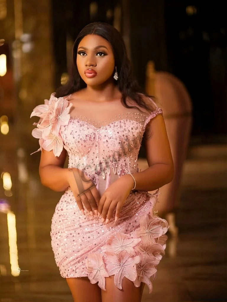 Caroline Bling Paillettes Abiti da ballo per le donne Pieghettato Fiori 3D Dubai Abito da sera formale Vestido De Formatura Personalizzato