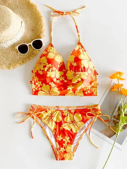 Costume da bagno sexy con stampa floreale gialla Set da donna Halter Push Up Crop Top Costume da bagno 2025 Costume da bagno da spiaggia con lacci Costumi da bagno a vita alta