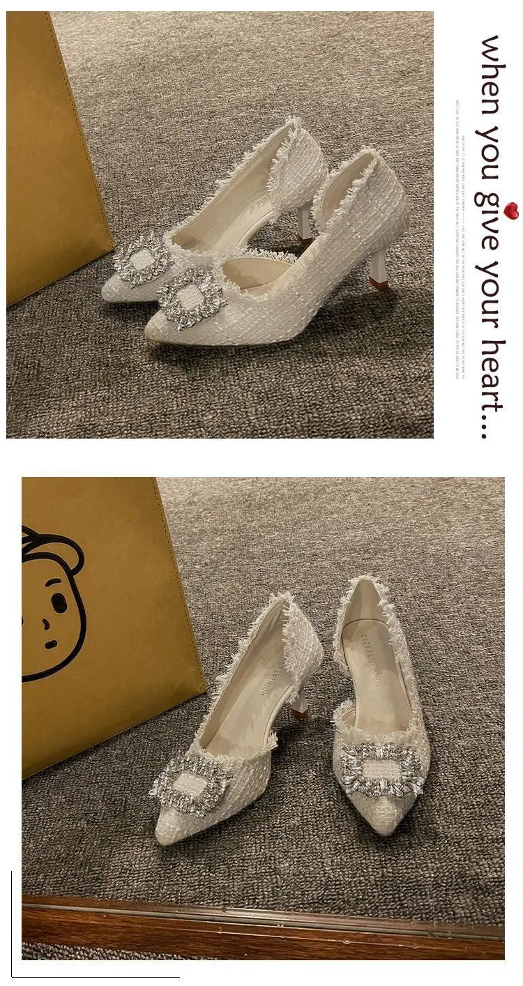 Stiletto Heels 2024 White Wedding Shoes Fashion Pointy Square Button Rhinestone Sandals Temperament Women's Women's Shoes