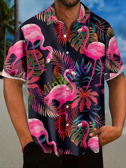 2025 Camicia con stampa foglia e fenicottero per uomo Camicia hawaiana Casual Beach Manica corta Moda Top Camicetta maschile Abbigliamento estivo