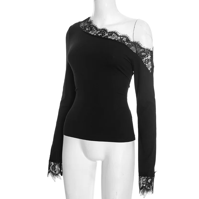 Top da donna con giunture in pizzo asimmetrico, moda casual, top autunnale, stile europeo americano, vita scoperta