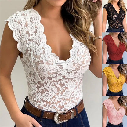 Débardeur d'été sexy en dentelle à col en V pour femmes, gilet de couleur unie, débardeur sans manches, t-shirt élégant et moulant avec broderies florales pour le club