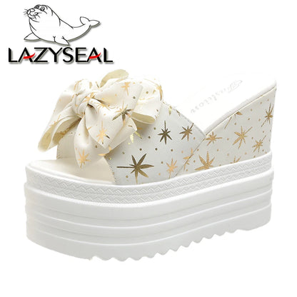 LazySeal 12 cm Super High Women Slides Sandalo Farfalla Nodo Dec Scarpe da sposa da donna Modello foglia d'acero Nuova piattaforma Scarpe estive