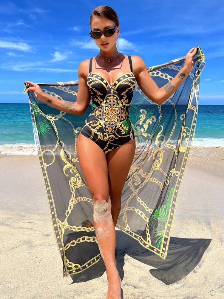 2025 Women One Piece Wired Monokini + Wrapped Skirt Black/Blue/Green Chain Printed Sexy Slim Fit Hanging Straps Hard Pack Bikini