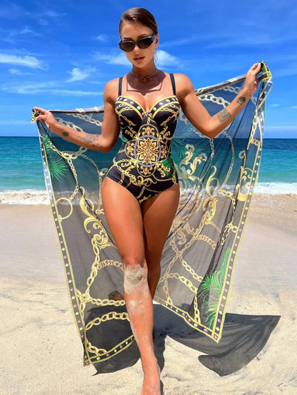 2025 Women One Piece Wired Monokini + Wrapped Skirt Black/Blue/Green Chain Printed Sexy Slim Fit Hanging Straps Hard Pack Bikini
