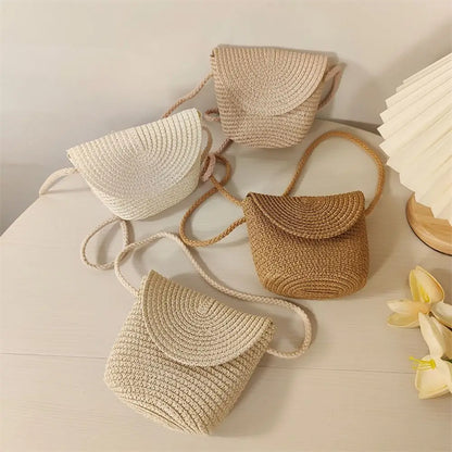 Borsa a tracolla in paglia a forma di conchiglia intrecciata a mano Borsa a tracolla per bambini Borsa da spiaggia estiva in paglia Portafoglio per busta per ragazze Wowen