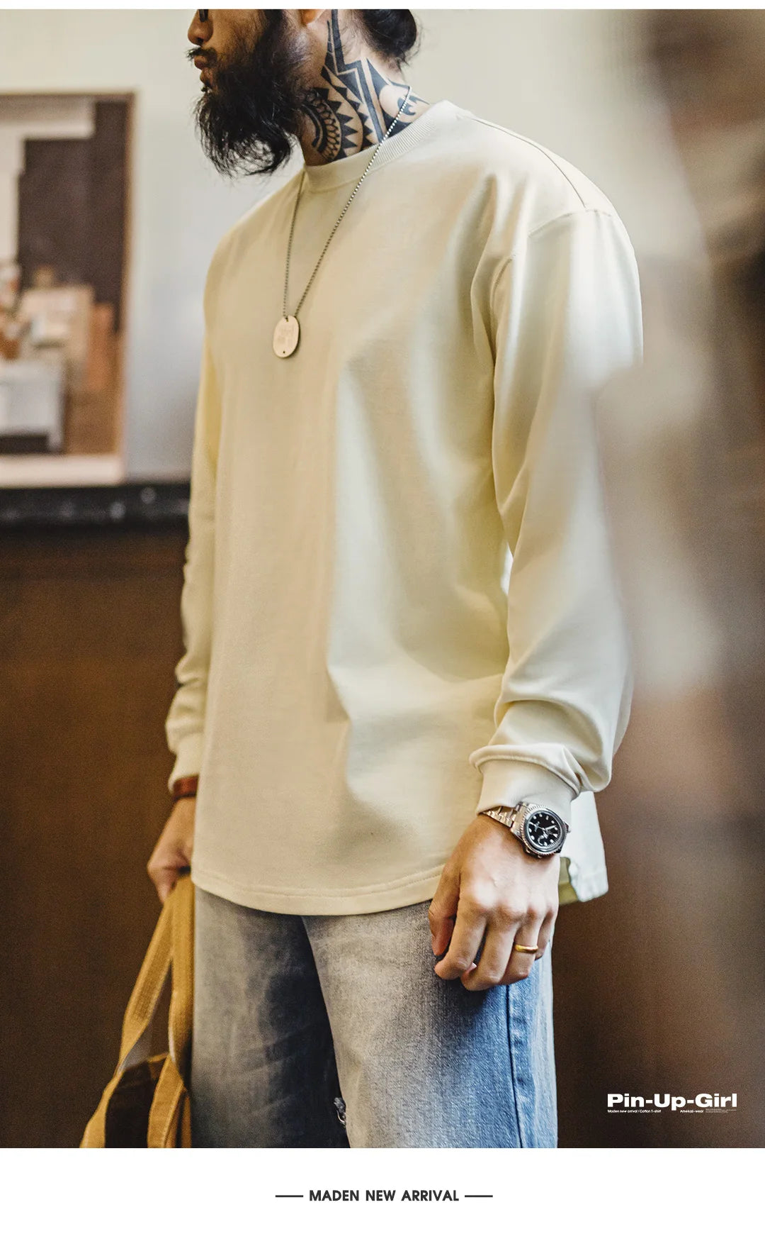 Maden T-shirt a maniche lunghe con stampa sul retro vintage Pullover ampio casual girocollo per top street-style da uomo primavera e autunno anni '60