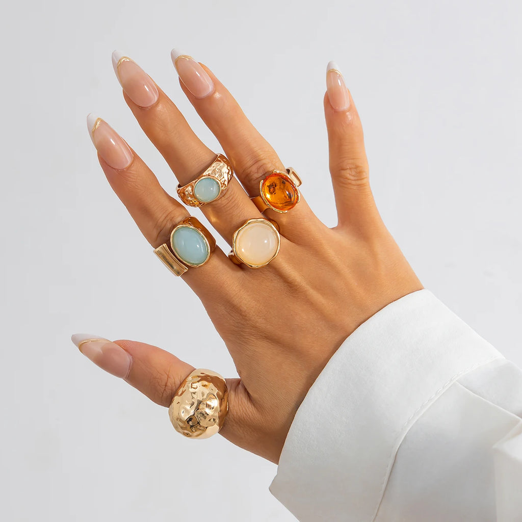 Ingemark 5 Pz/set Retro Color Oro Irregolare Anello di Metallo per Le Donne Della Boemia Aperto Regolabile Anello Ampio Estetico Y2K Regalo Dei Monili