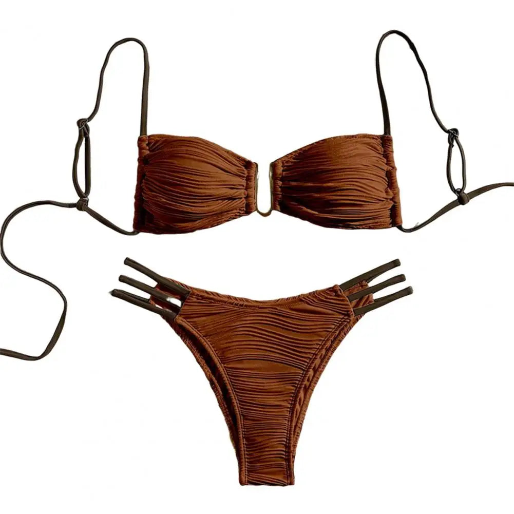 2 pezzi/set donna costume da bagno diviso bikini set fionda fascia reggiseno imbottito texture antirughe slip set moda costumi da bagno sexy