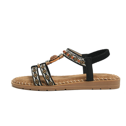 Elegante Damen-Sommersandale im Bohemian-Stil, rutschfest, bequem, für Alltag, Urlaub, flache Strandschuhe