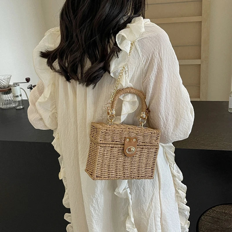 Borsa a tracolla in paglia di rattan Borsa a tracolla intrecciata a mano da donna Borsa a tracolla in paglia con scatola quadrata da spiaggia estiva per signora Bolsa Feminina