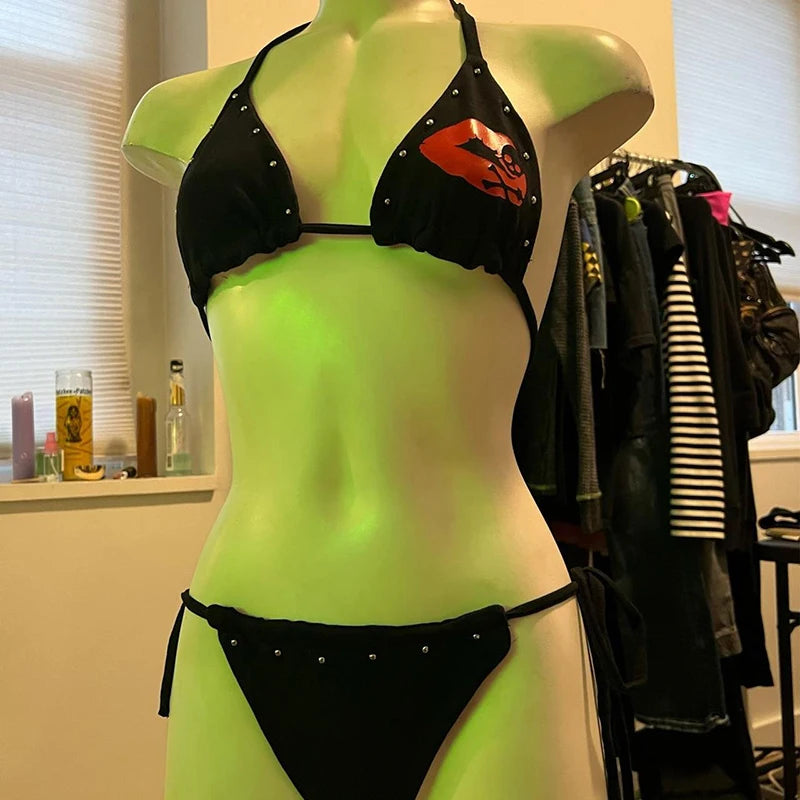 Sexy Damen Skelett Y2k Damen Badeanzug Bikini Set Sexy Einfacher Neckholder Bikini Badeanzug High Waisted Schnürung Strand Badeanzug