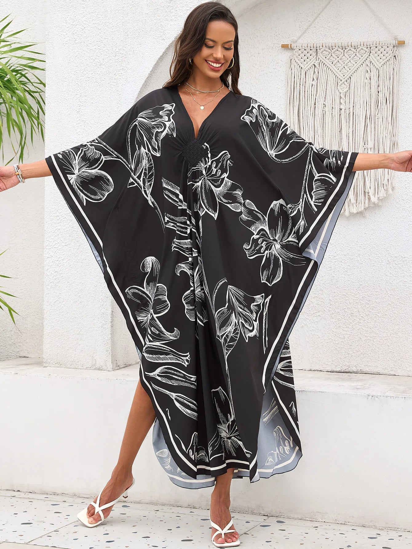 Abiti caftano da donna con stampa floreale taglie forti Costume da bagno taglie forti Copricostume estivo Abito da spiaggia caftano loungewear