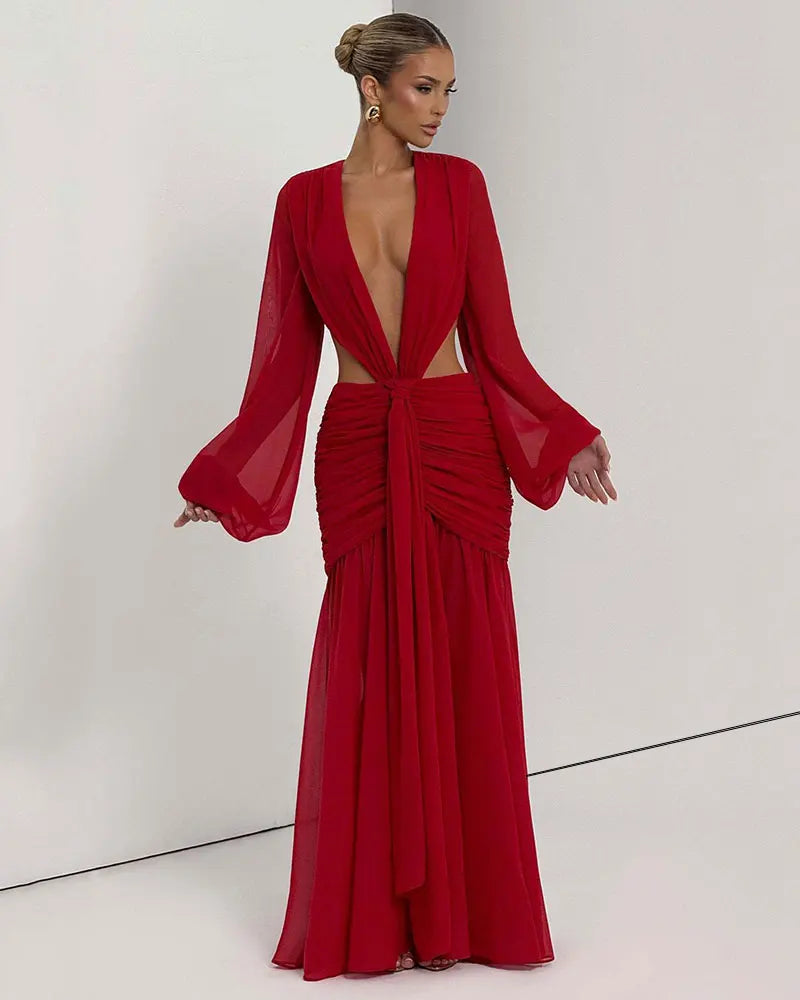 GACVGA Abito lungo elegante in chiffon per donna Nuovi abiti con maniche a lanterna Abiti lunghi aderenti da club sexy pieghettati