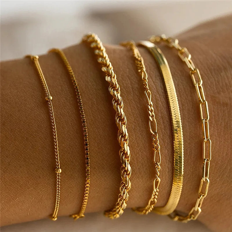 6 pz/set Bohemian Multi-strato Braccialetti A Catena Sottile per Le Donne Minimalista Colore Oro Braccialetti di Metallo Estate Y2K Accessori Dei Gioielli