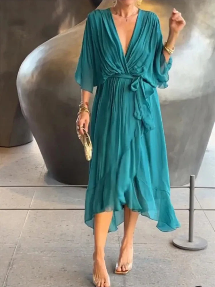 Abiti da festa eleganti in chiffon solido per le donne Sexy scollo a V maniche a pipistrello Lace Up Ruffles Abito lungo irregolare Abito casual Femme