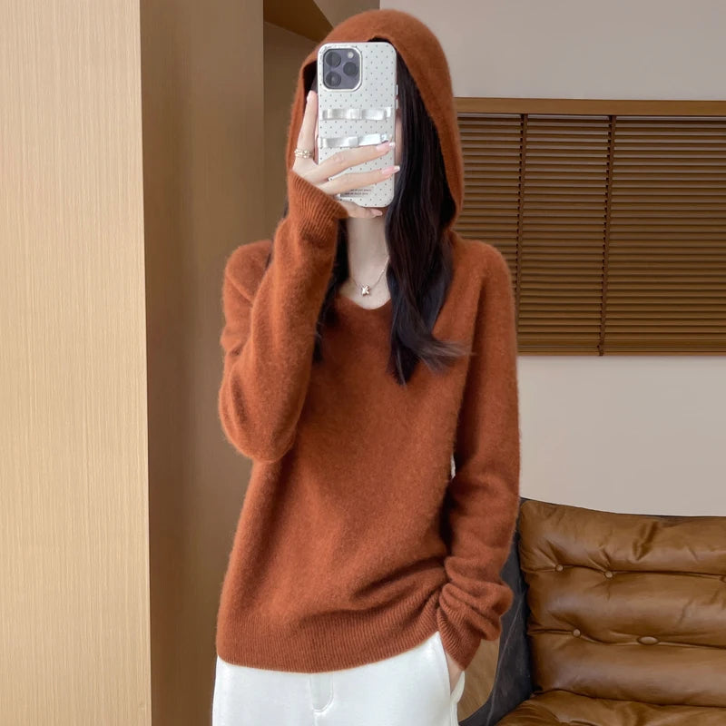 Abbigliamento donna autunno inverno colletto con cappuccio pullover maglione di lana merino 100% nuova moda top in cashmere che tocca il fondo maglieria morbida